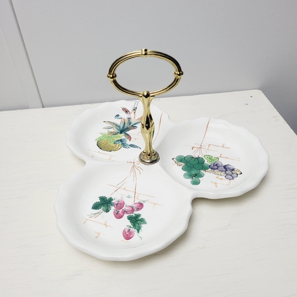 Vintage Japan Divided 3 Section Serving Dish Porcelain Hand Painted Fruit Brass - Picture 4 of 12